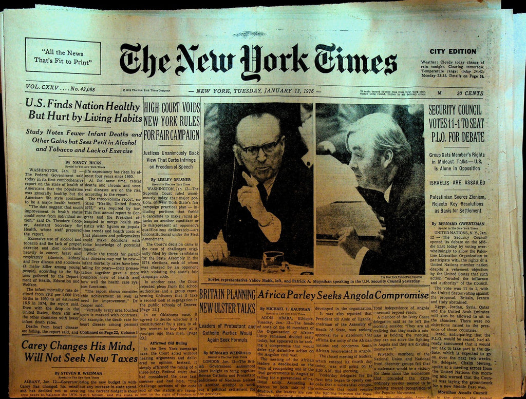 New York Times January 13 1976 Agatha Christie Dies PLO UN Vote0