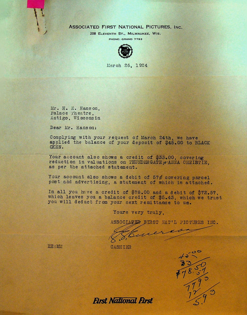 Associated First National Pictures Letterhead March 26 1924 Thundergate0