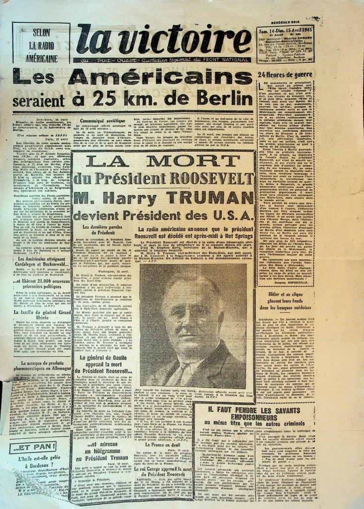 La Victoire Newspaper April 15 1945 FDR Franklin Delano Roosevelt Death0