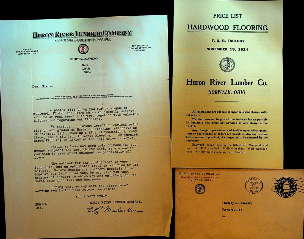 Huron River Lumber Co Norwalk Ohio 1924 Letterhead Cover & Price List Floors0