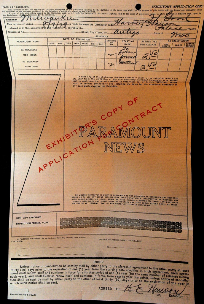 Paramount News Application Contract August 7 1928 Palace Theatre Antigo Wi0
