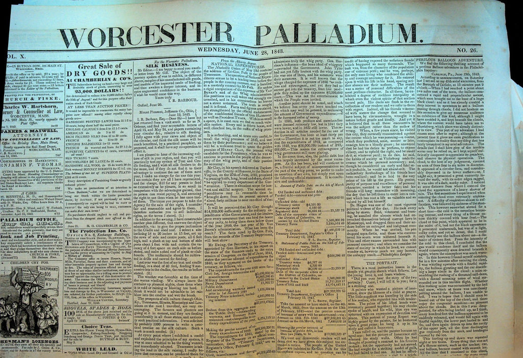 Worcester Palladium Newspaper June 28 1843 John Wise Hot Air Balloon0