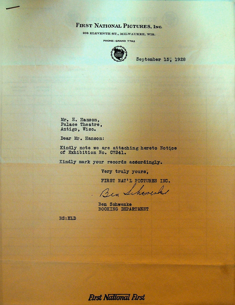 First National Pictures Letterhead September 15 1928 Man Crazy Silent Film0