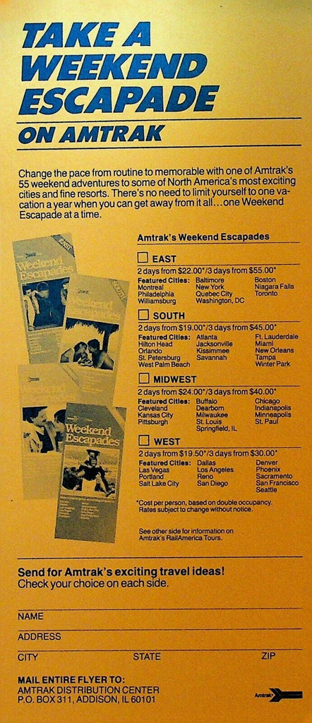Amtrak Take a Weekend Escape See America at See Level 1982 Flyer