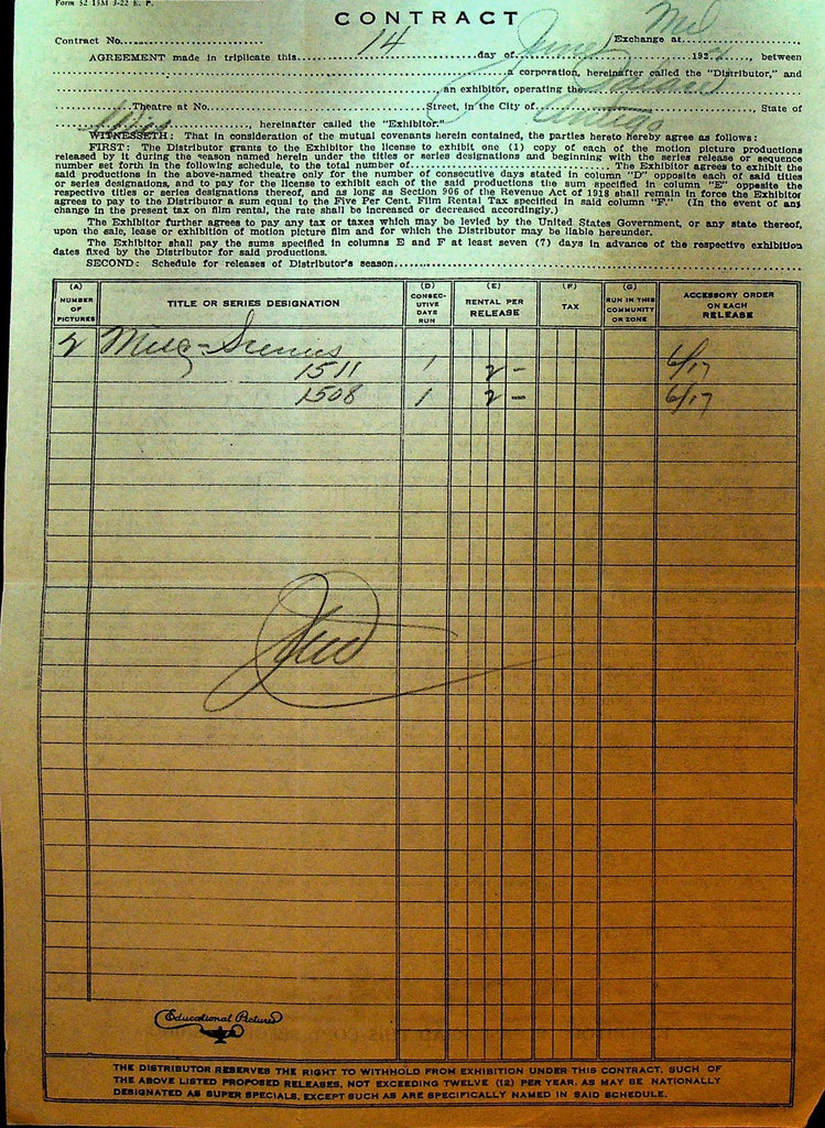 Educational Pictures Contract June 14 1922 Services0