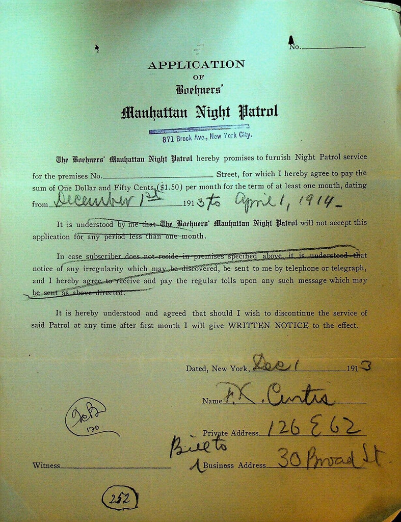Boehners Manhattan Night Patrol Signed Contract 1913 F Curtis 126 East 62nd St