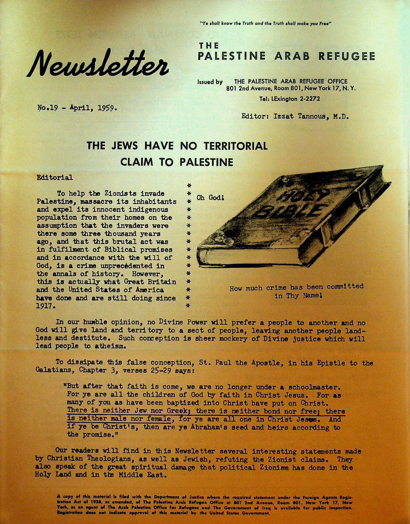 Palestine Arab Refugee Newsletter #19 April 1959 Jews Have No Territorial Claim0