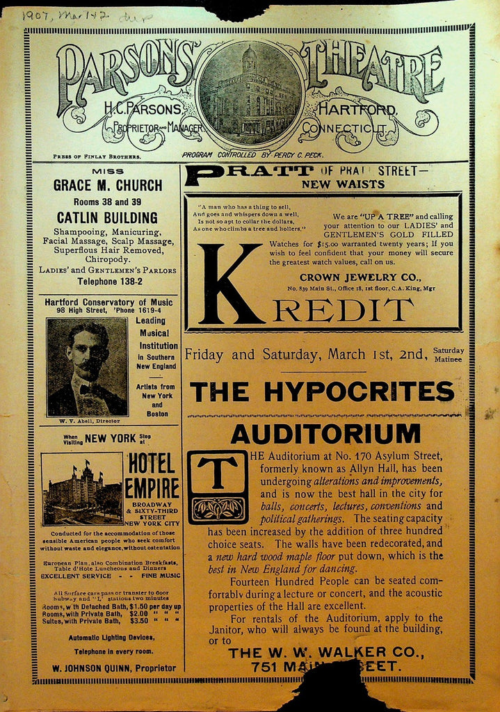 The Hypocrites Playbill March 1 1907 WH Denny Helen Tracy Louise Reed0