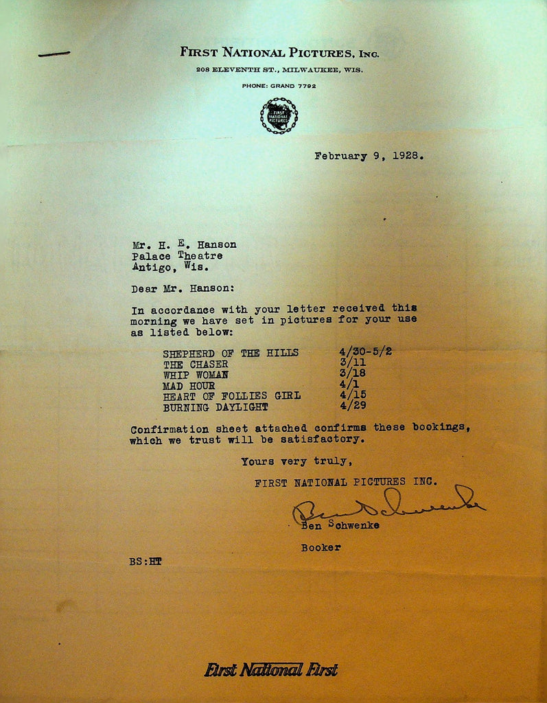 First National Pictures Letterhead February 9 1928 Whip Woman Mad Hours0