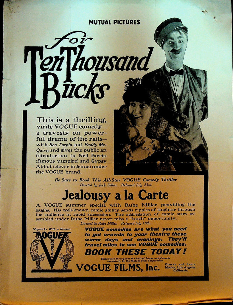 For Ten Thousand Bucks Ad Flyer Metro Pictures Ben Turpin Paddy McQuire0