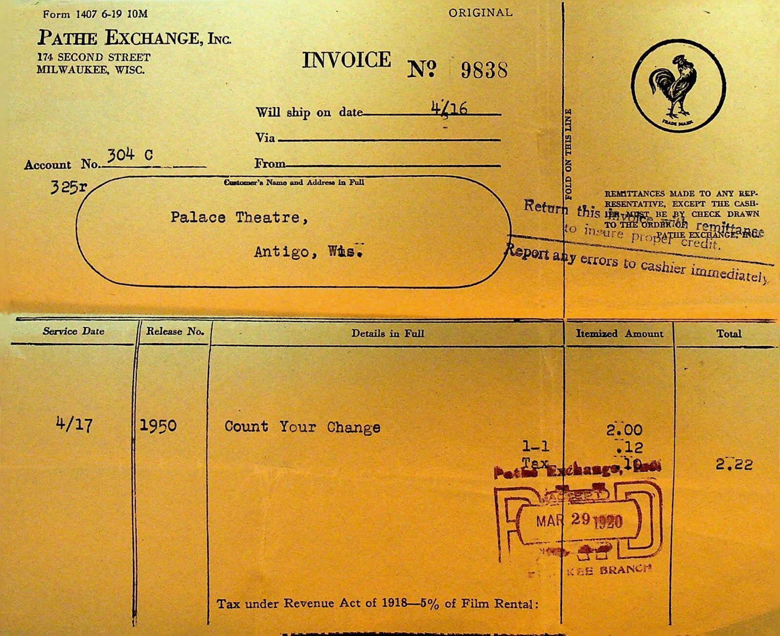 Pathe Exchange Invoice Silent Film March 1920 Count Your Change – Papergoy
