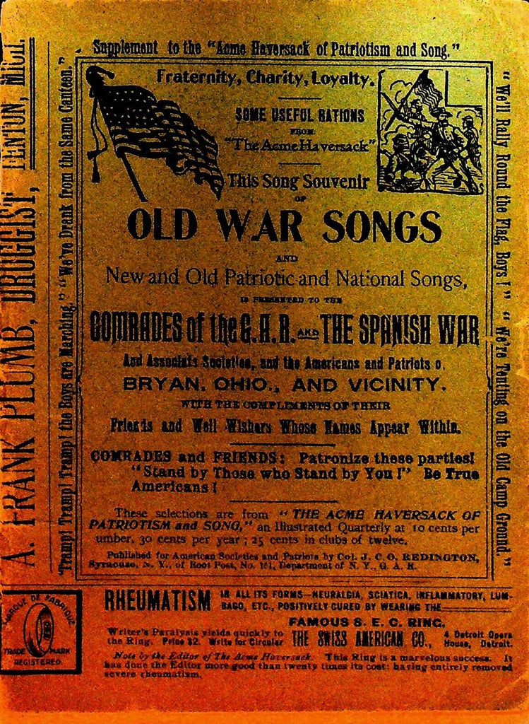 Song Souvenir of Old War Songs 1900 Booklet Bryan Ohio & Vicinity Advertising