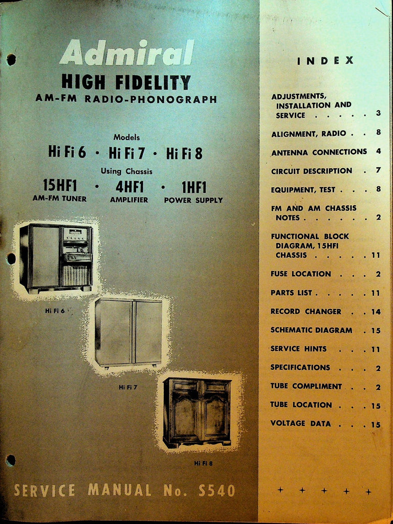 Admiral High Fidelity AM FM Radio Phonograph Service Manual # 5540 19540