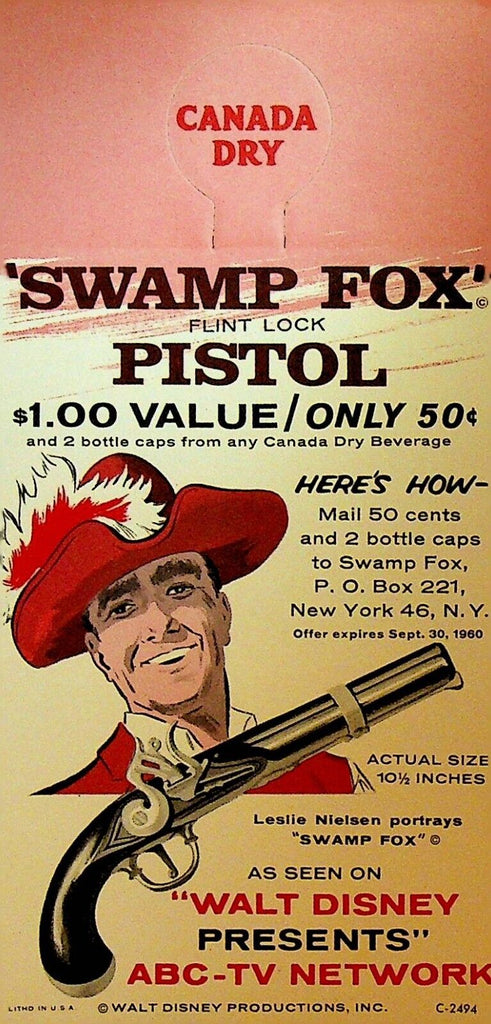 Canada Dry Bottle Topper Walt Disney Swamp Fox Ad 1960