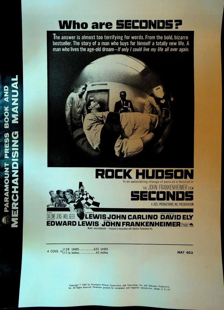 Seconds Paramount Press Book & Merchandising Manual Rock Hudson 19650