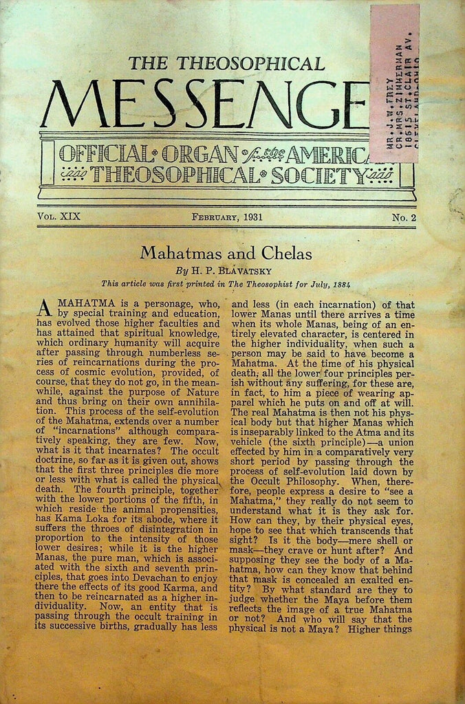 Theosophical Messenger Magazine February 1931 Mahatmas and Chelas
