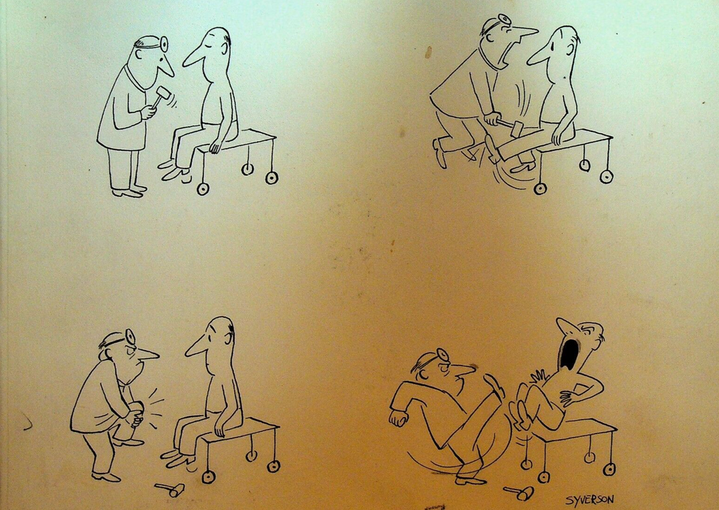 Henry S Syverson Original Art Doctor Kicking Patient Reflex Test Exam