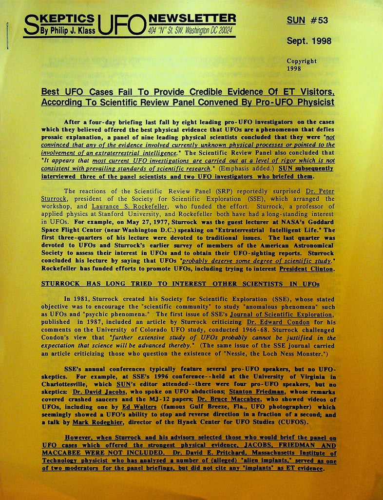 Skeptics UFO Newsletter 53 September 1998 Philip J Klass Peter Sturrock0