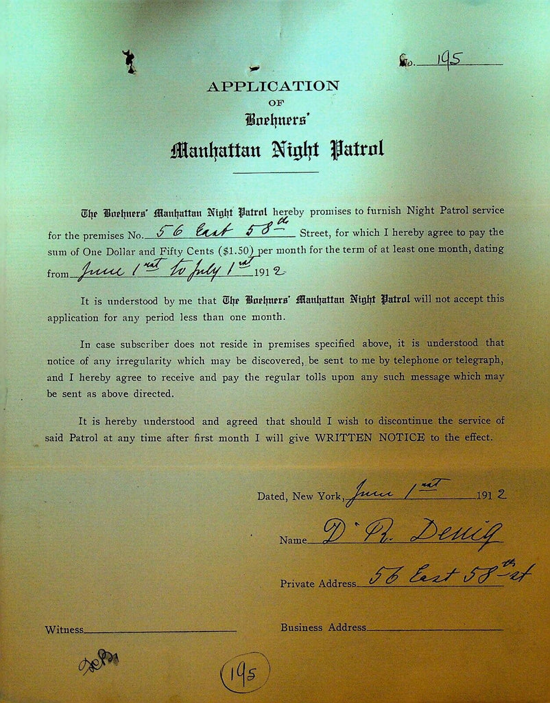 Boehners Manhattan Night Patrol Signed Contract 1912 DR Denig 56 E 58th St