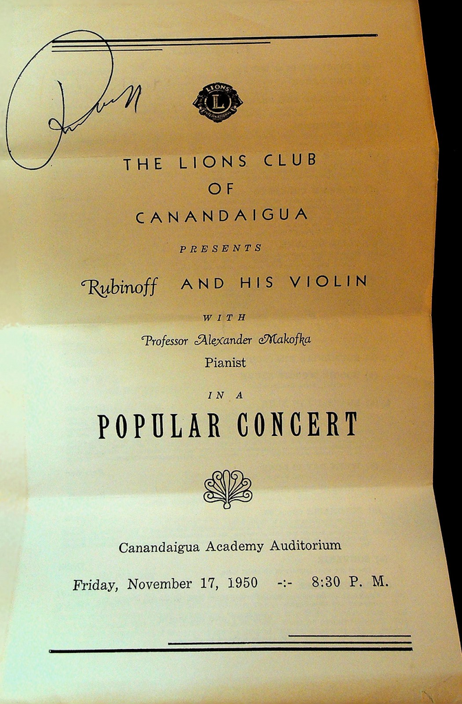 David Rubinoff & His Violin Signed Program November 17 19500