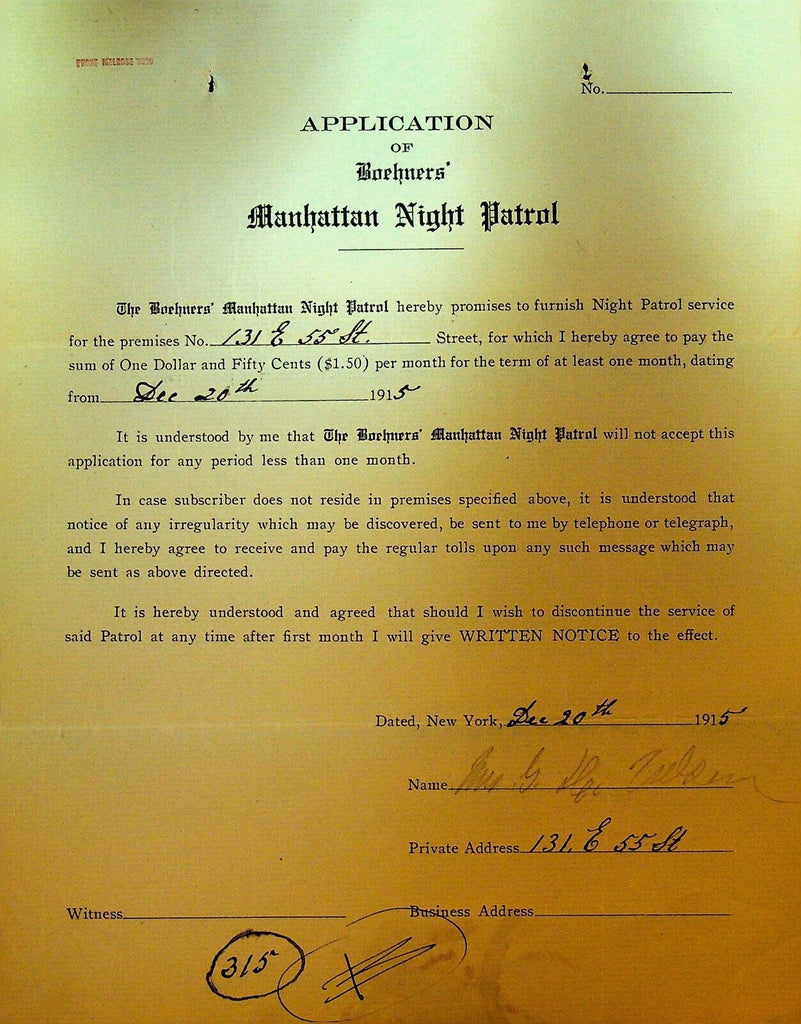 Boehners Manhattan Night Patrol Signed Contract 1915 131 East 55th St