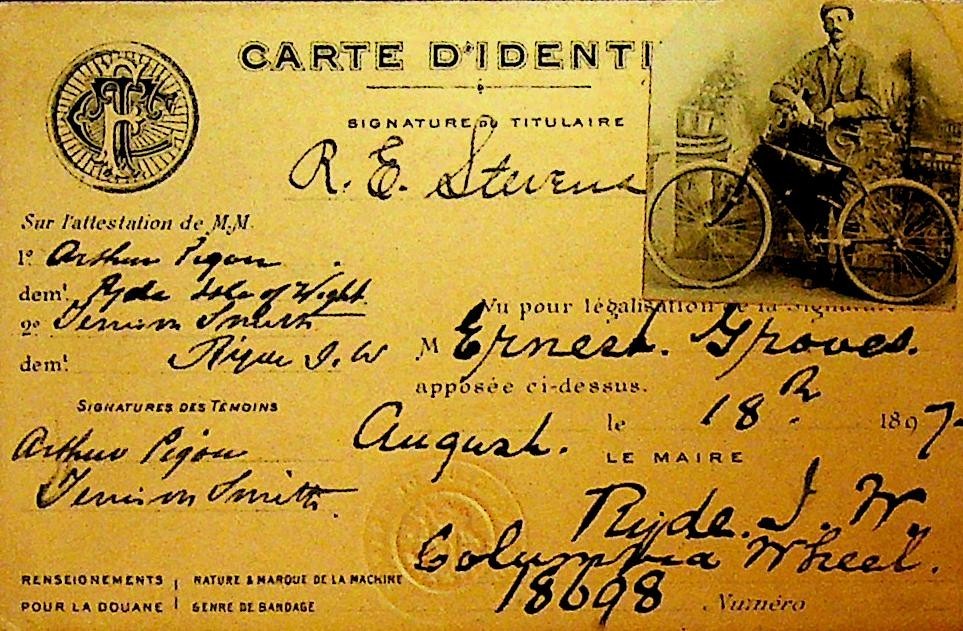Touring Club de France 1897 Membership Card Columbia Wheel Bicycle RE Stevens0