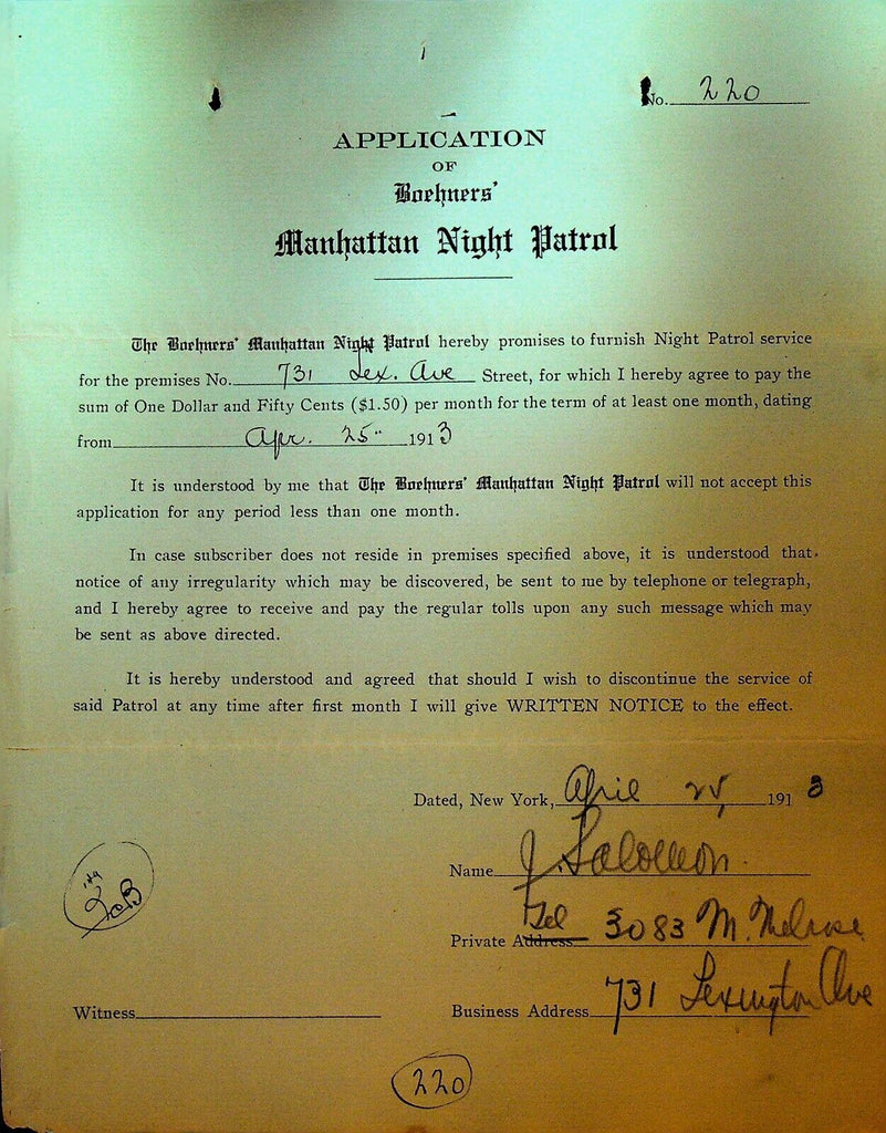 Boehners Manhattan Night Patrol Signed Contract 1913 J Salolleon Lexington Ave