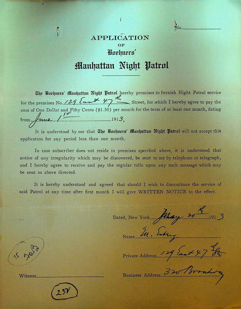 Boehners Manhattan Night Patrol Signed Contract 1913 M Embery 129 E 47th St