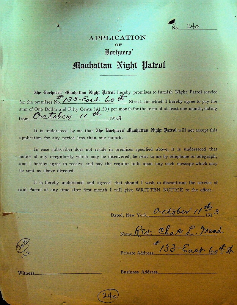 Boehners Manhattan Night Patrol Signed Contract 1913 Reverend Charles L Mead