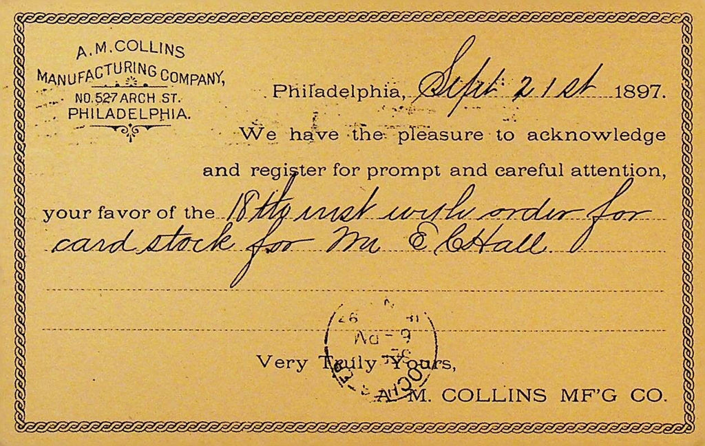 AM Collins Manufacturing Philadelphia Pa  1897 Advertising Postal Card0