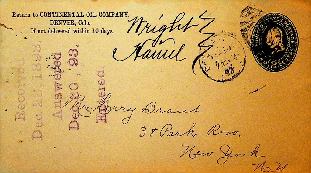 Continental Oil Letterhead & Cover December 1893 Denver Colorado0