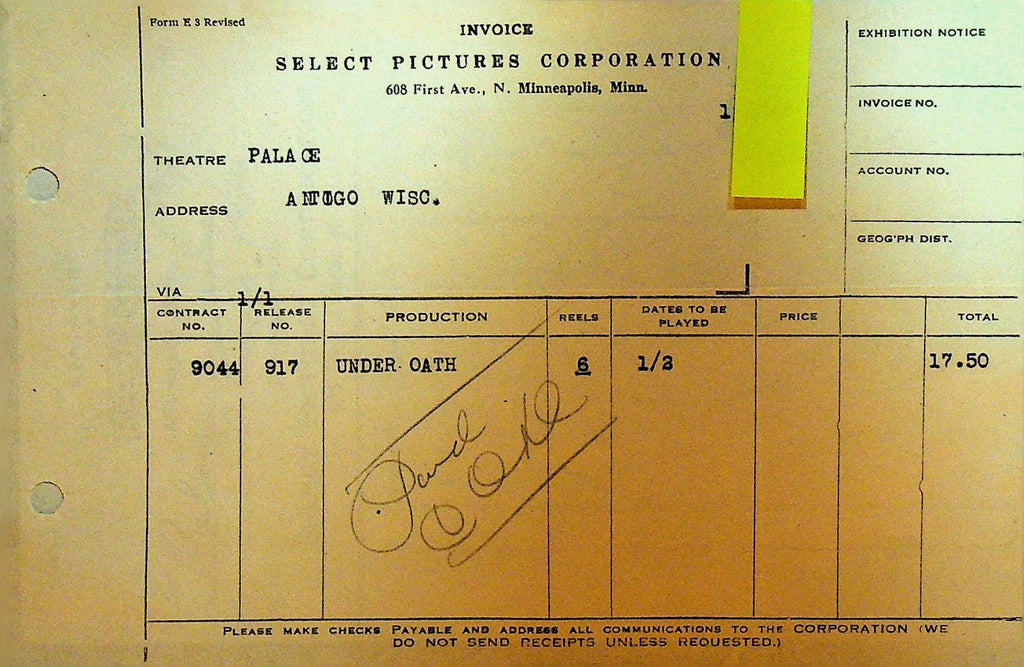 Select Pictures Invoice January 4 1923 Under Oath Silent Film0