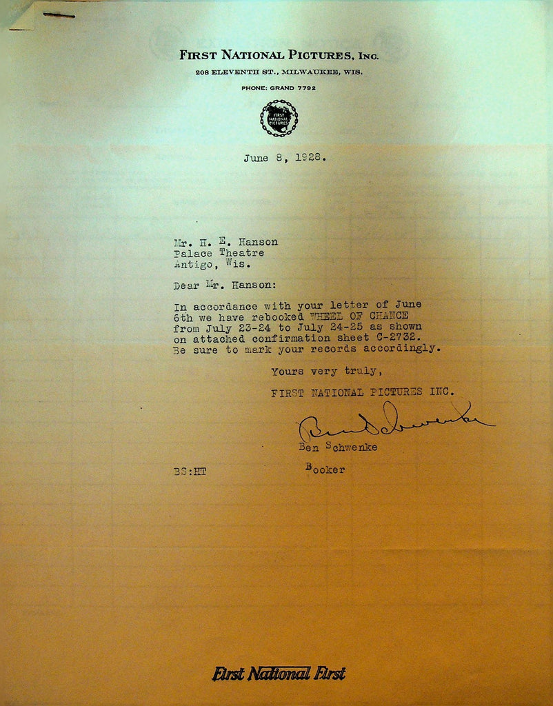 First National Pictures Letterhead June 8 1928 Wheel of Change Silent Film0
