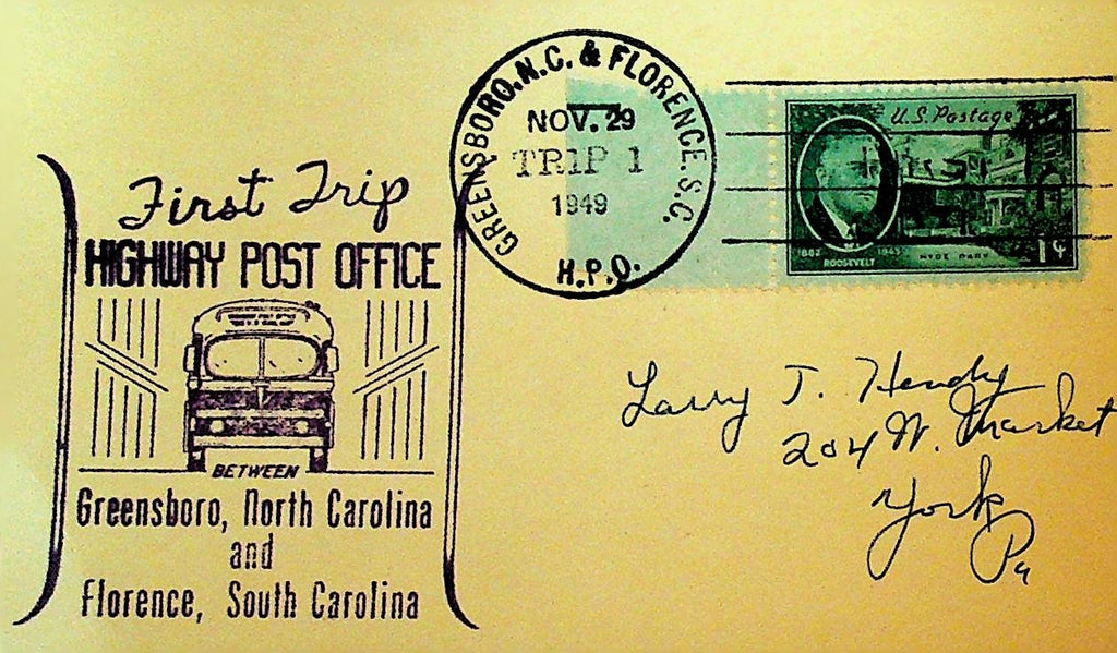 First Trip Highway Post Office Greensboro NC to Florence SC 1949 FDC Postcard0