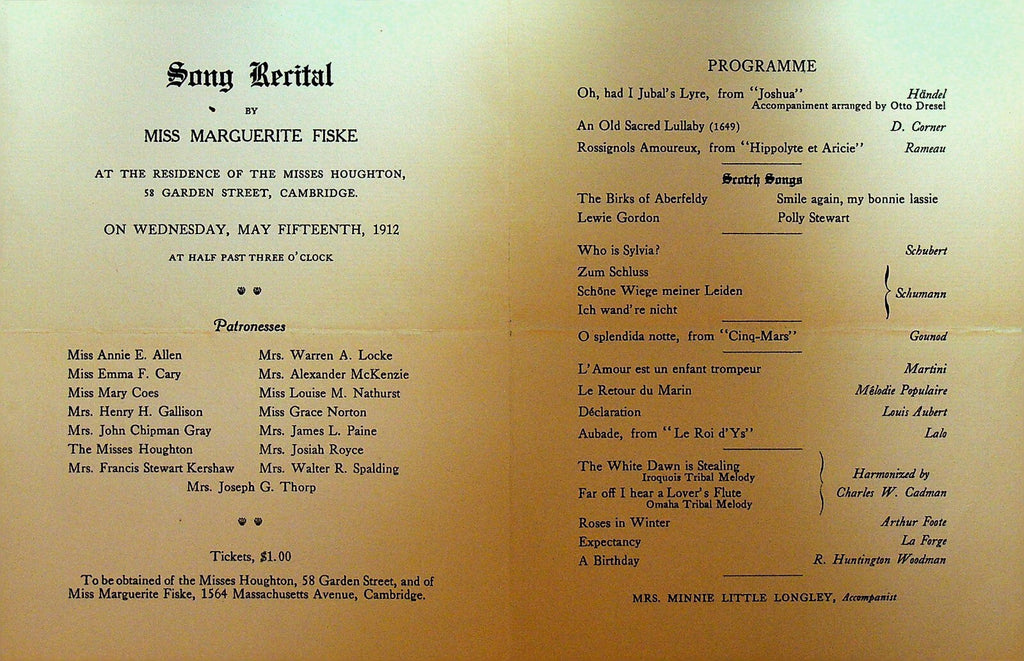 Miss Marguerite Fiske Song Recital Program & Photo May 15 19120