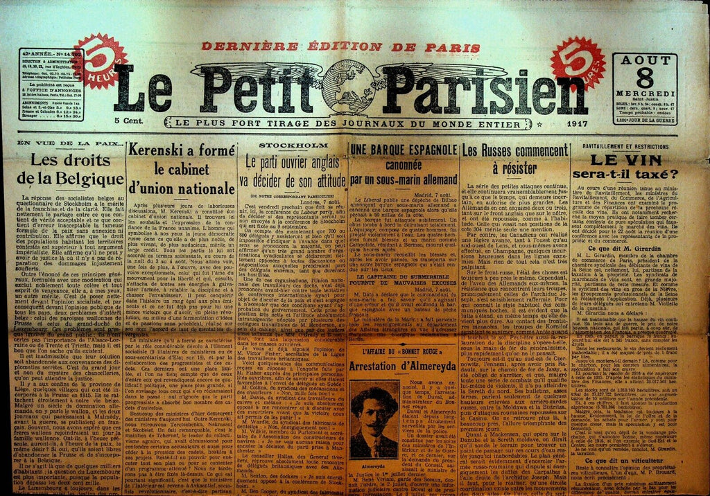 Le Petit Parisien WWI Newspaper France August 8 1917 Alexander Kereksky Russia