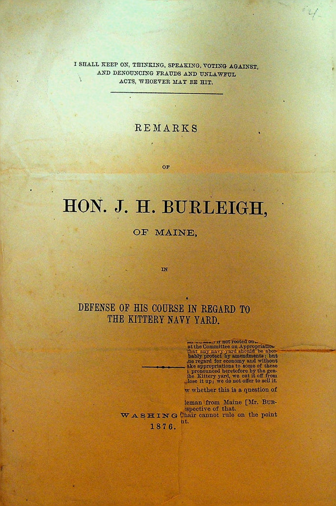 Kittery Naval Yard Defense Remarks of JH Burleigh of Maine 1876 Booklet0