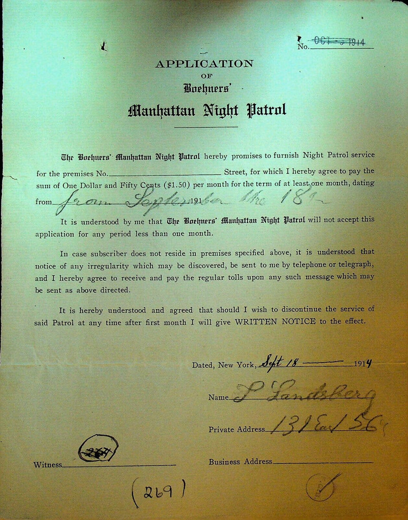 Boehners Manhattan Night Patrol Signed Contract 1915 Landsberg 139 E 56th St