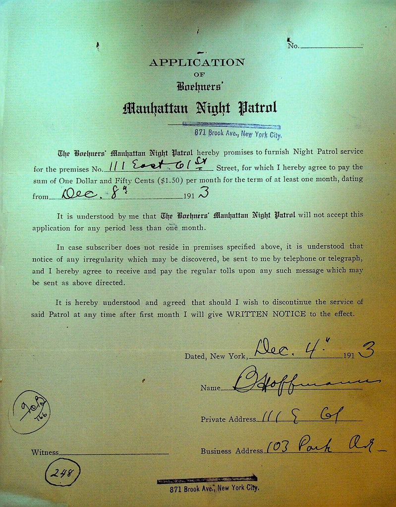 Boehners Manhattan Night Patrol Signed Contract 1913 B Hoffmann 111 E 61st St