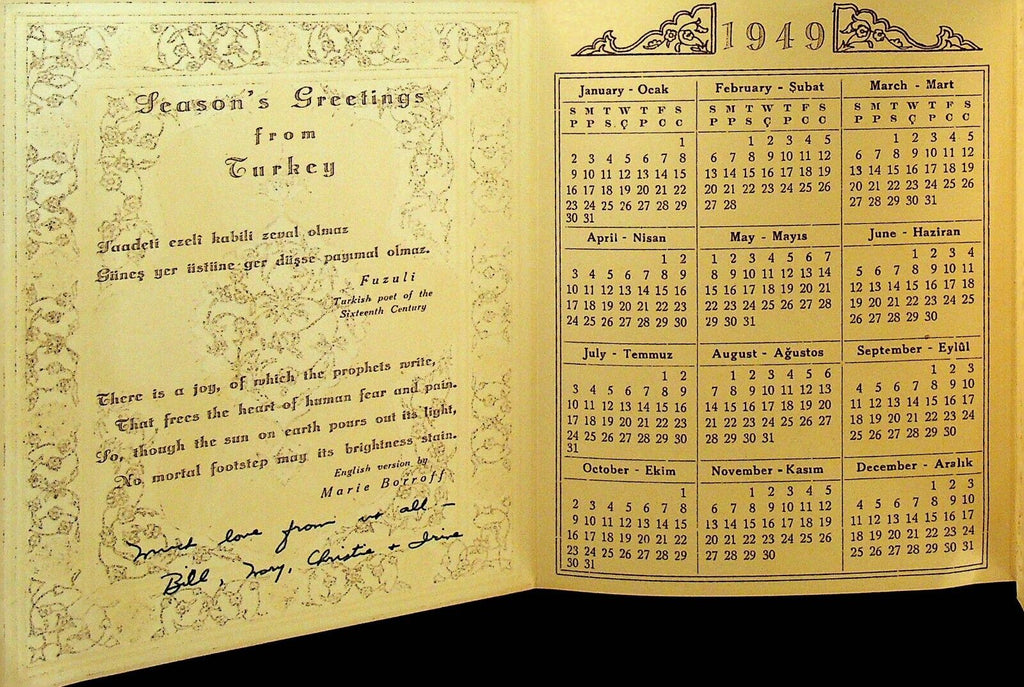 Season's Greetings from Turkey 1949 Calendar