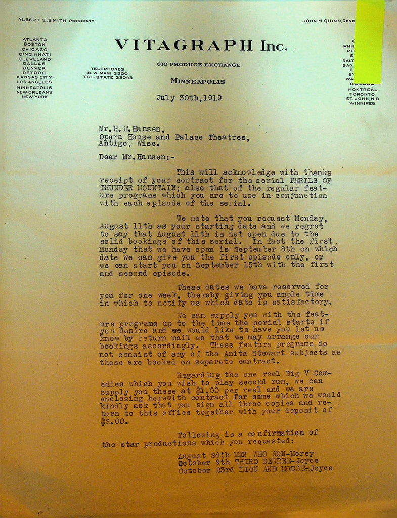 Vitagraph Letterhead July 30 1919 Man Who Won Perils of Thunder Mountain0