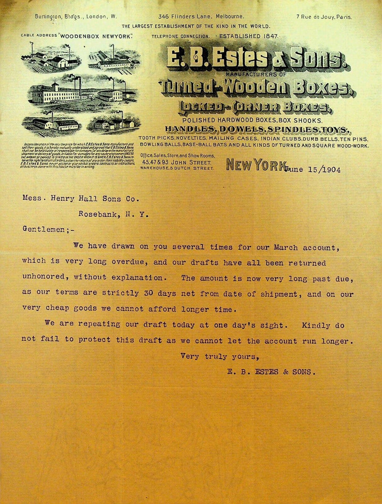 EB Estes & Sons Billhead Letterhead 1904 Turned Wooden Boxes New York City