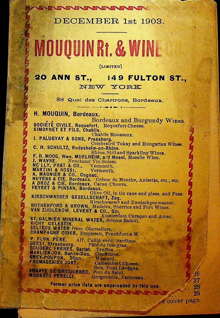 Mouquin Restaurant & Wine Co Price List December 1 1903 New York City