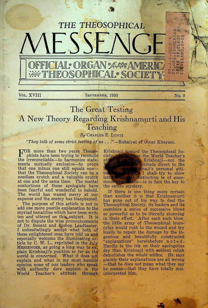 American Theosophical Messenger September 1930 Krishnamurti and his Teaching