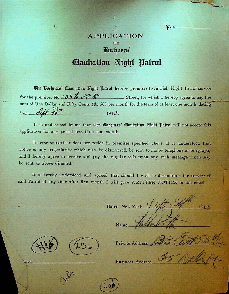 Boehners Manhattan Night Patrol Signed Contract 1913 Potter 133 E 55th St