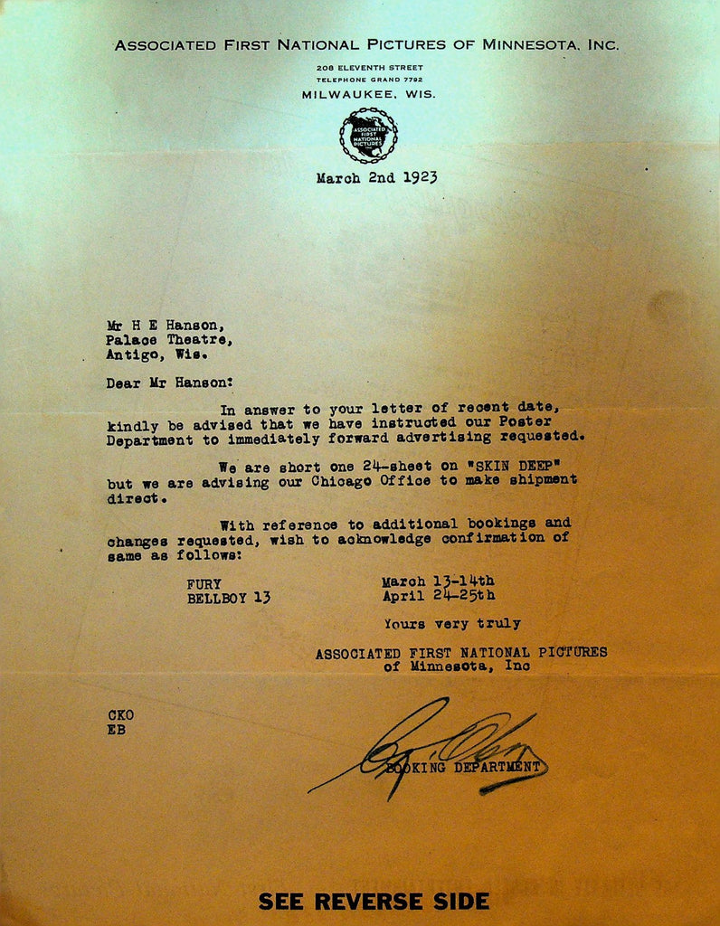 Associated First National Pictures Letterhead March 2 1923 Skin Deep Fury0