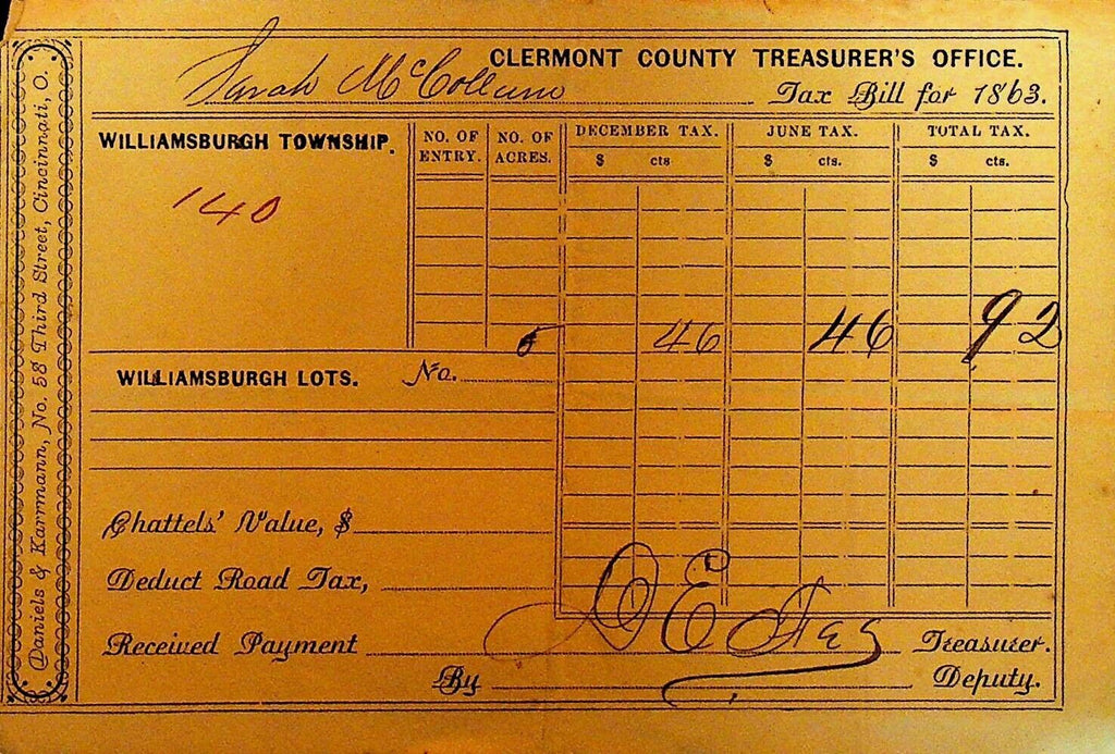 Clermont County Treasurer's Office Ohio Tax Bill 1863 #140