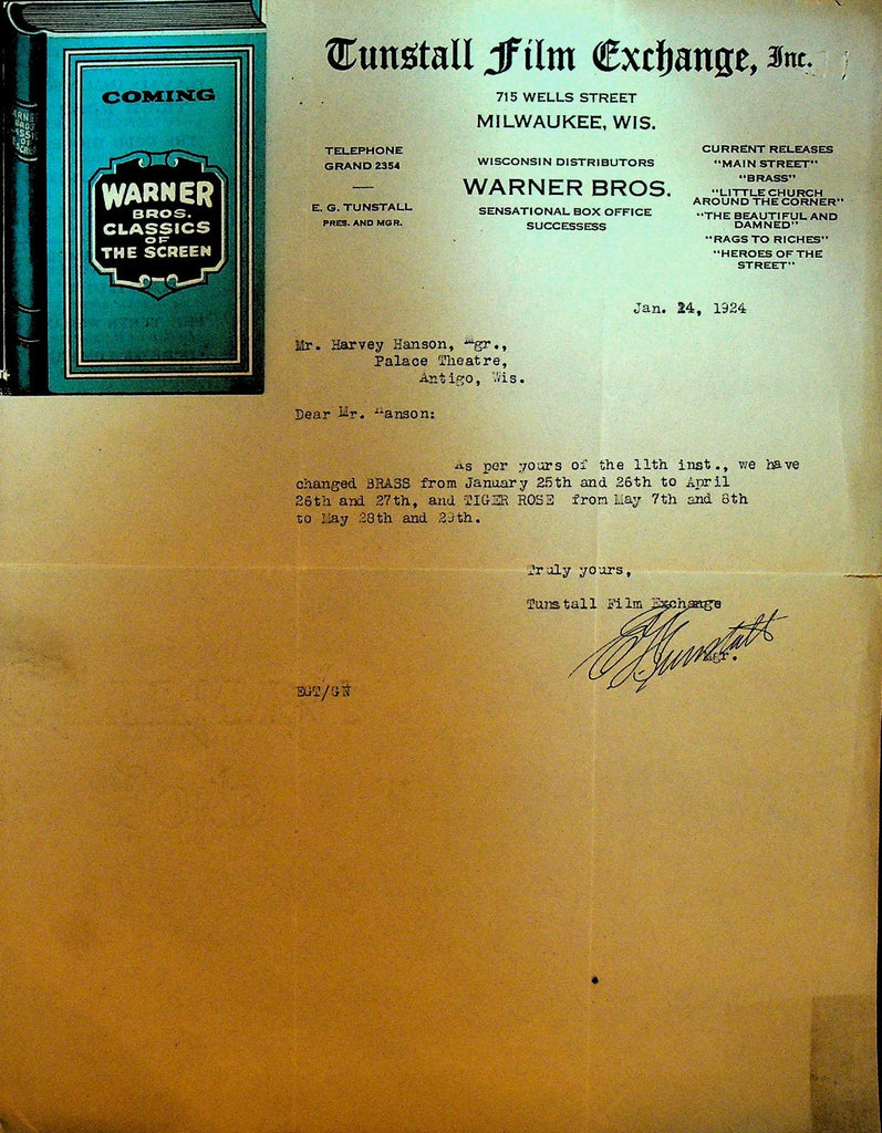 Tunstall Film Exchange Letterhead January 14 1924 Tiger Rose Brass0