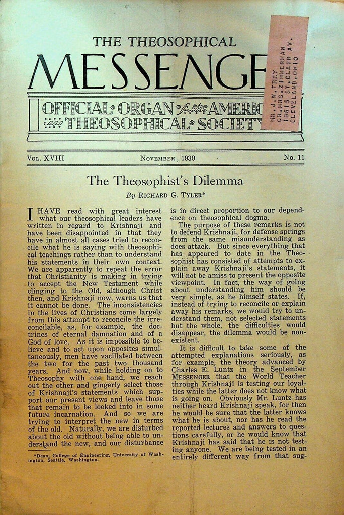 Theosophical Messenger Magazine November 1930 Richard G Tyler