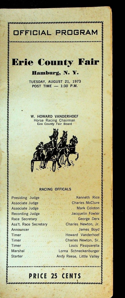 Erie County Fair August 21 1973 Harness Racing Program NY